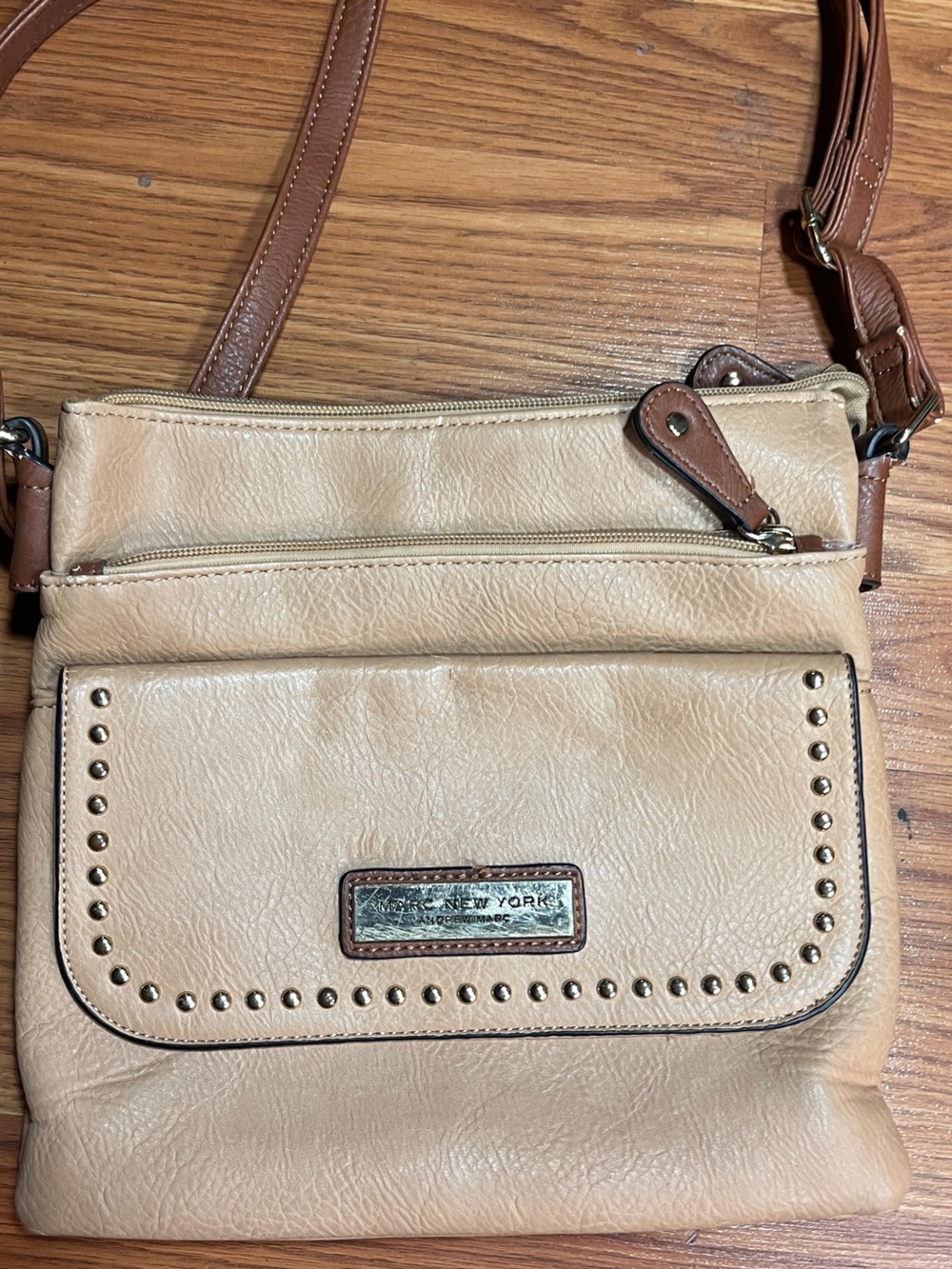 Marc Jacobs Beige Crossbody Bag with Brown Strap and Stud Accents